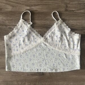 Aeropostale Women's White Blue Floral Ribbed Lace Trim Cami Crop Top Size XL